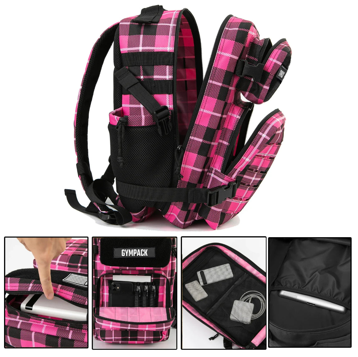 Mochila Gympack Pro 25L Rosa Xadrez - Bolsos abertos e detalhes gerais da mochila